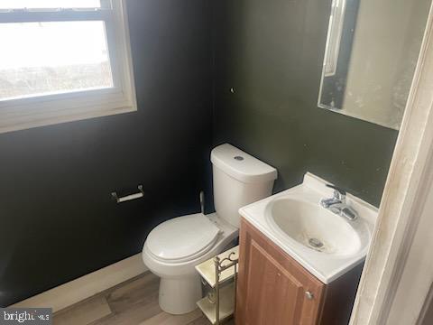 bathroom with vanity, wood-type flooring, and toilet