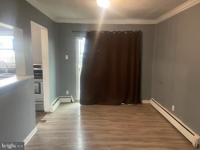 spare room with ornamental molding, sink, light wood-type flooring, and a baseboard heating unit