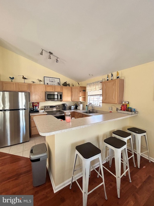 kitchen with a kitchen breakfast bar, kitchen peninsula, appliances with stainless steel finishes, and vaulted ceiling