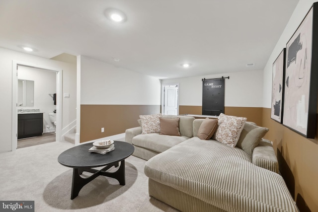 living room with light colored carpet