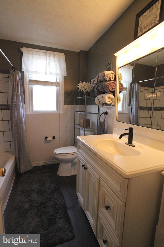 full bathroom featuring vanity, shower / tub combo, and toilet