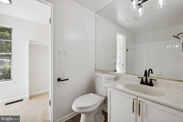 bathroom featuring a shower, vanity, and toilet