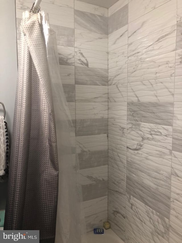 bathroom with shower / bath combo with shower curtain