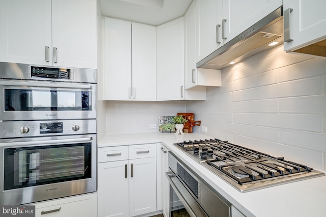 kitchen with backsplash, stainless steel appliances, ventilation hood, and white cabinets