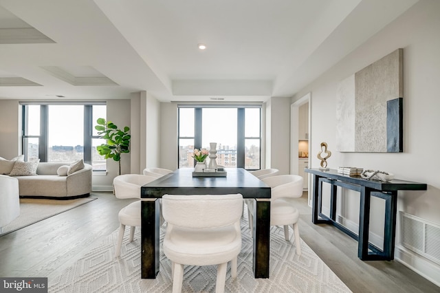 dining area featuring light hardwood / wood-style flooring, plenty of natural light, and a raised ceiling