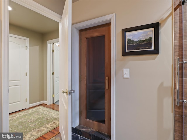 hall with dark hardwood / wood-style flooring