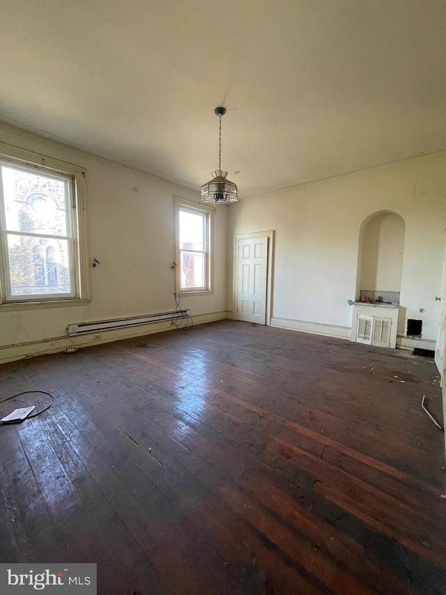 unfurnished dining area with dark hardwood / wood-style floors and baseboard heating