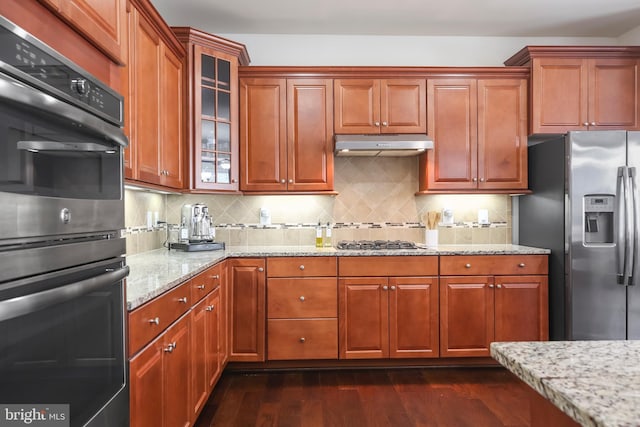 kitchen featuring dark hardwood / wood-style flooring, light stone counters, decorative backsplash, and appliances with stainless steel finishes