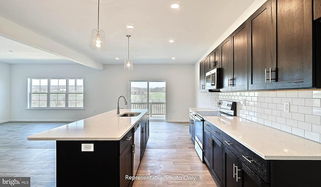 kitchen with decorative backsplash, stainless steel appliances, a kitchen island with sink, sink, and pendant lighting