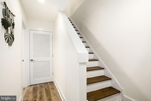 stairs with hardwood / wood-style floors