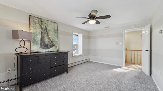 bedroom with ceiling fan, light carpet, and a baseboard radiator