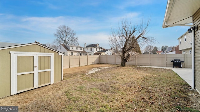 view of yard with a storage shed