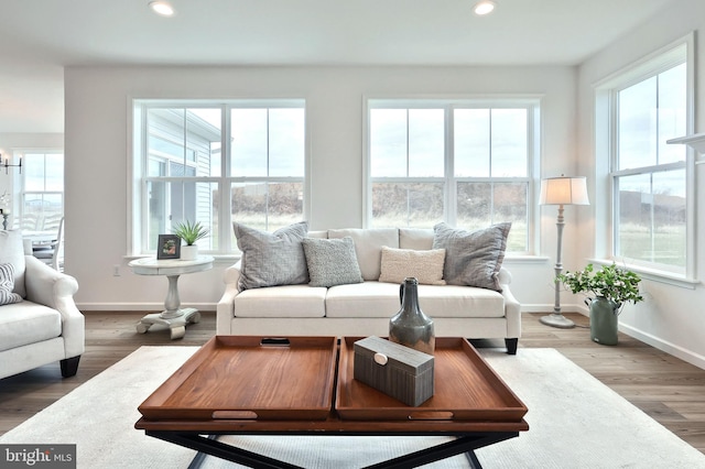 living room with hardwood / wood-style floors and a notable chandelier