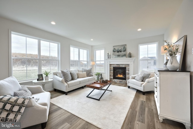 living room featuring a fireplace, dark hardwood / wood-style flooring, and plenty of natural light