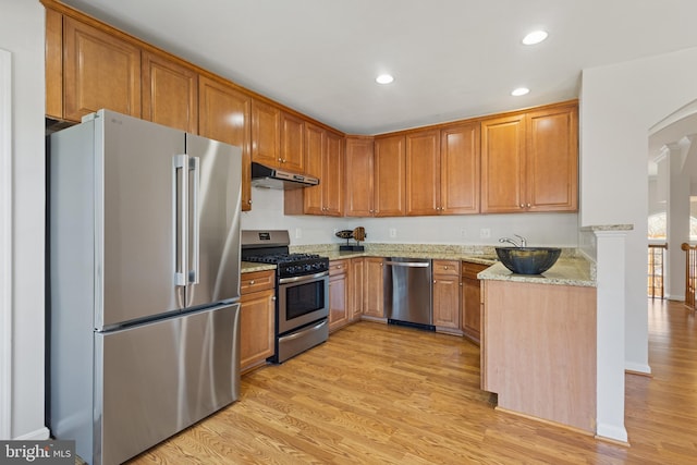 kitchen featuring light hardwood / wood-style floors, light stone counters, and stainless steel appliances