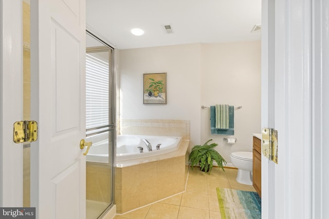 full bathroom with toilet, independent shower and bath, tile patterned flooring, and vanity