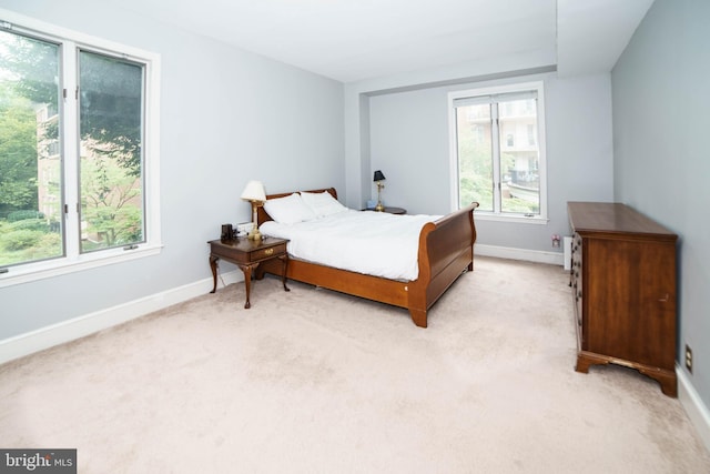 bedroom with light carpet