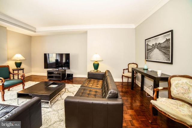 living room with crown molding and dark parquet floors