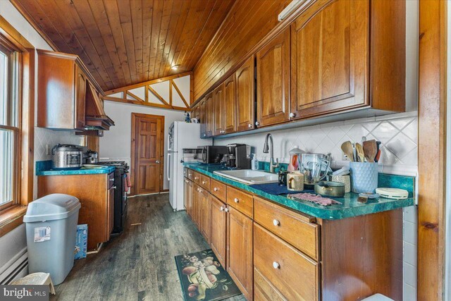 kitchen featuring sink, black electric range, dark hardwood / wood-style floors, vaulted ceiling, and decorative backsplash