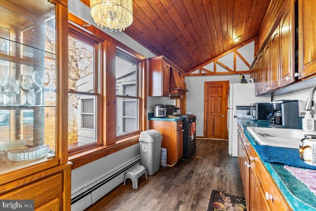 kitchen featuring black range with electric stovetop, dark wood-type flooring, wooden ceiling, a baseboard radiator, and premium range hood