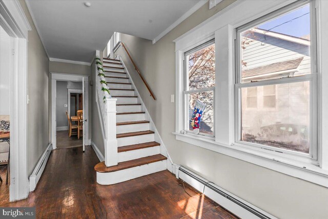 staircase with wood-type flooring, a baseboard radiator, and crown molding