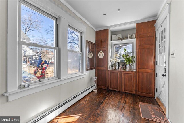 entryway featuring crown molding, dark hardwood / wood-style flooring, and a baseboard radiator