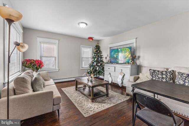 living room featuring dark hardwood / wood-style floors and baseboard heating