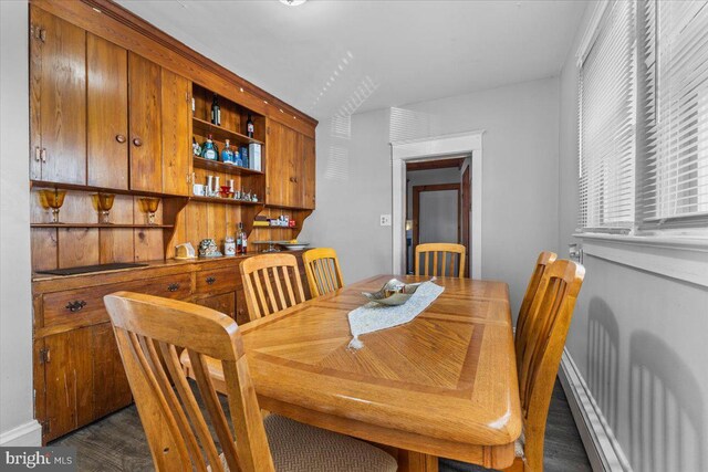 dining room featuring dark hardwood / wood-style floors and a baseboard heating unit