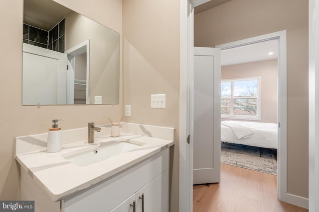 bathroom with hardwood / wood-style floors and vanity