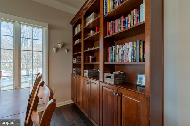 office area with dark wood-type flooring and ornamental molding