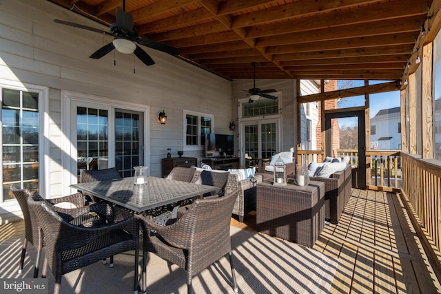 exterior space with wooden ceiling and ceiling fan