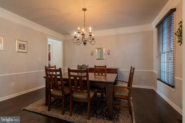 dining space featuring crown molding, dark wood-type flooring, and a notable chandelier