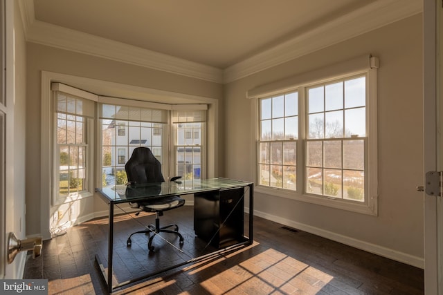 office space with crown molding and dark wood-type flooring