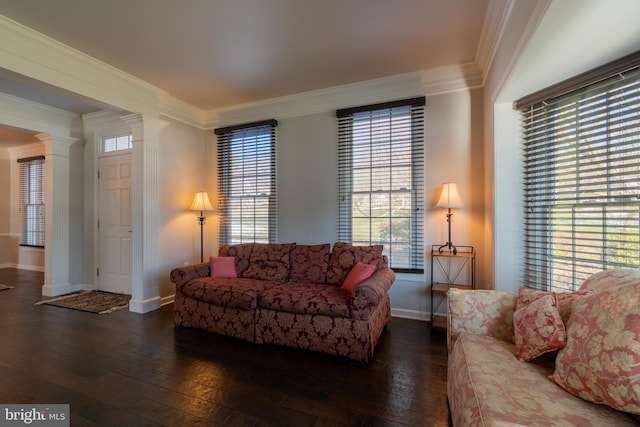 living room featuring crown molding, a wealth of natural light, dark wood-type flooring, and ornate columns