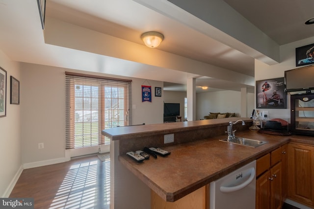 kitchen featuring stainless steel dishwasher, kitchen peninsula, and sink