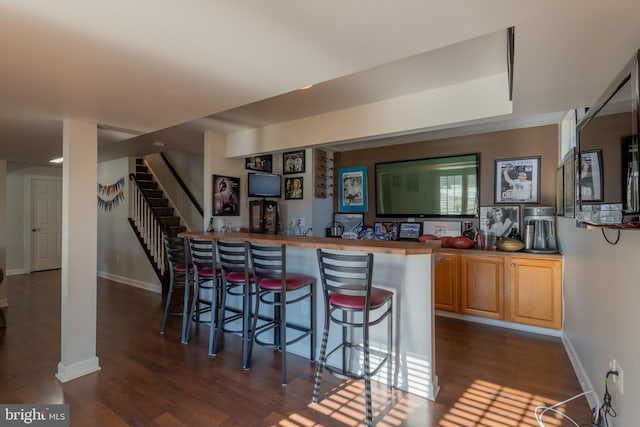 bar featuring dark wood-type flooring and light brown cabinetry