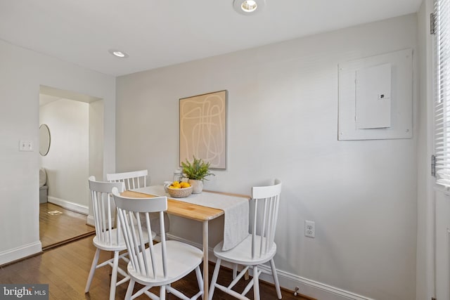 dining room featuring hardwood / wood-style flooring and electric panel