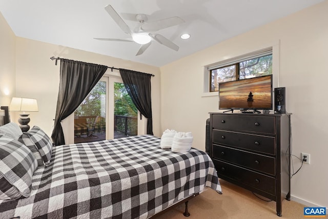 bedroom with light carpet and ceiling fan