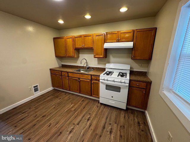 kitchen with dark hardwood / wood-style flooring, white range with gas cooktop, and sink