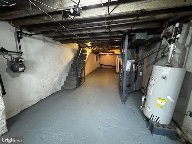 basement with heating unit and water heater