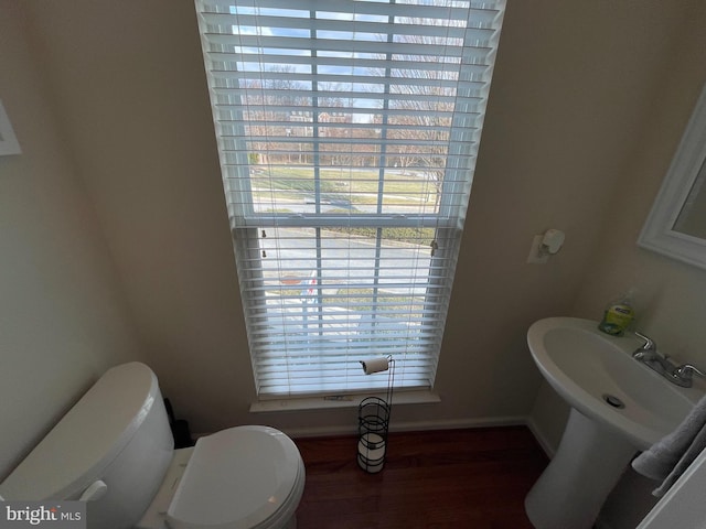 bathroom with hardwood / wood-style floors, toilet, and sink