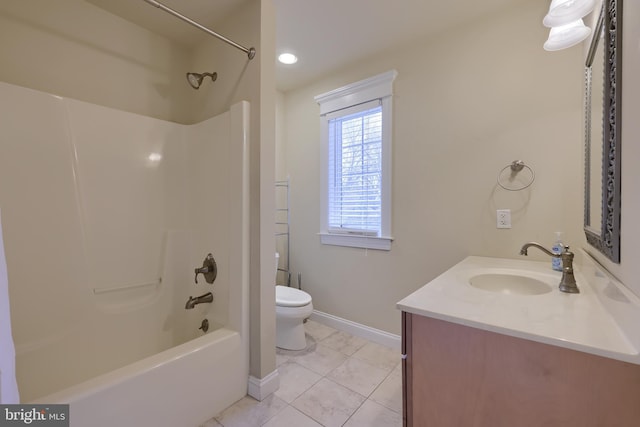 full bathroom featuring bathtub / shower combination, toilet, vanity, and tile patterned flooring