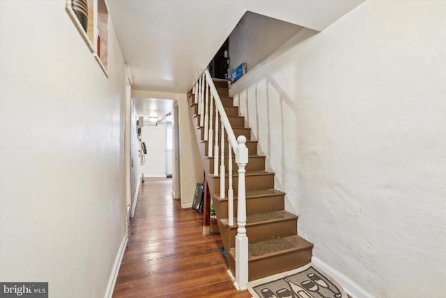 staircase with hardwood / wood-style floors