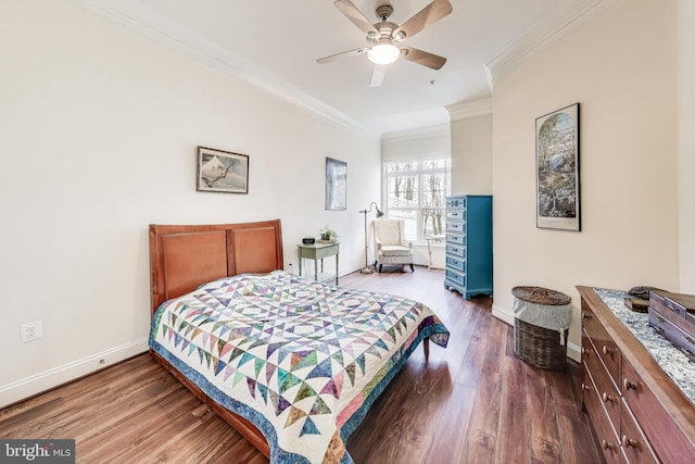 bedroom featuring ceiling fan, crown molding, and hardwood / wood-style floors