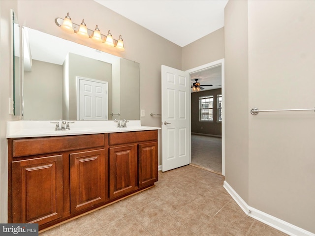 bathroom featuring ceiling fan and vanity