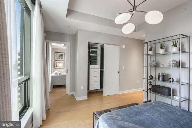 bedroom with light hardwood / wood-style flooring and a closet