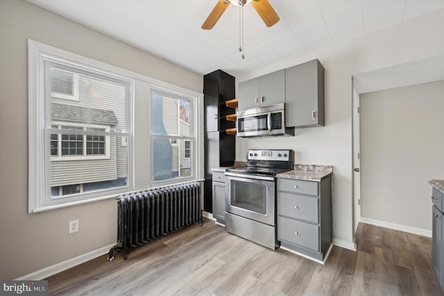 kitchen featuring stainless steel appliances, gray cabinets, and radiator heating unit