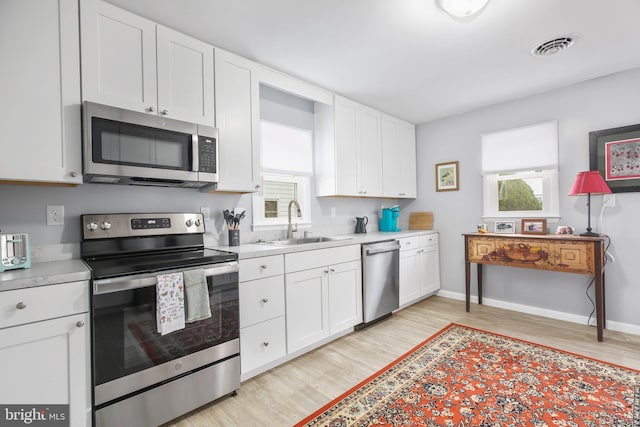 kitchen with sink, white cabinets, stainless steel appliances, and light hardwood / wood-style floors