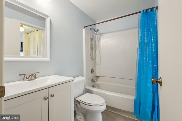 full bathroom with shower / bath combination with curtain, vanity, toilet, and tile patterned floors