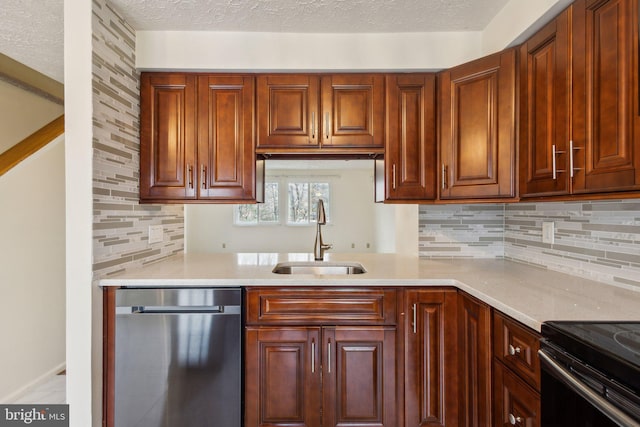 kitchen with light stone countertops, backsplash, stainless steel dishwasher, sink, and electric range